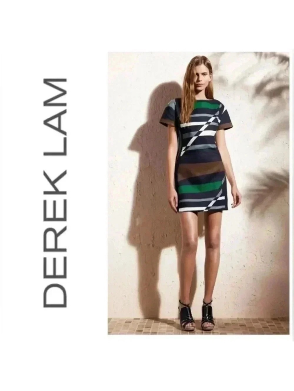 Derek Lam Geo Striped Linen Abstract Sheath Dress Colorblock Short-Sleeve 2